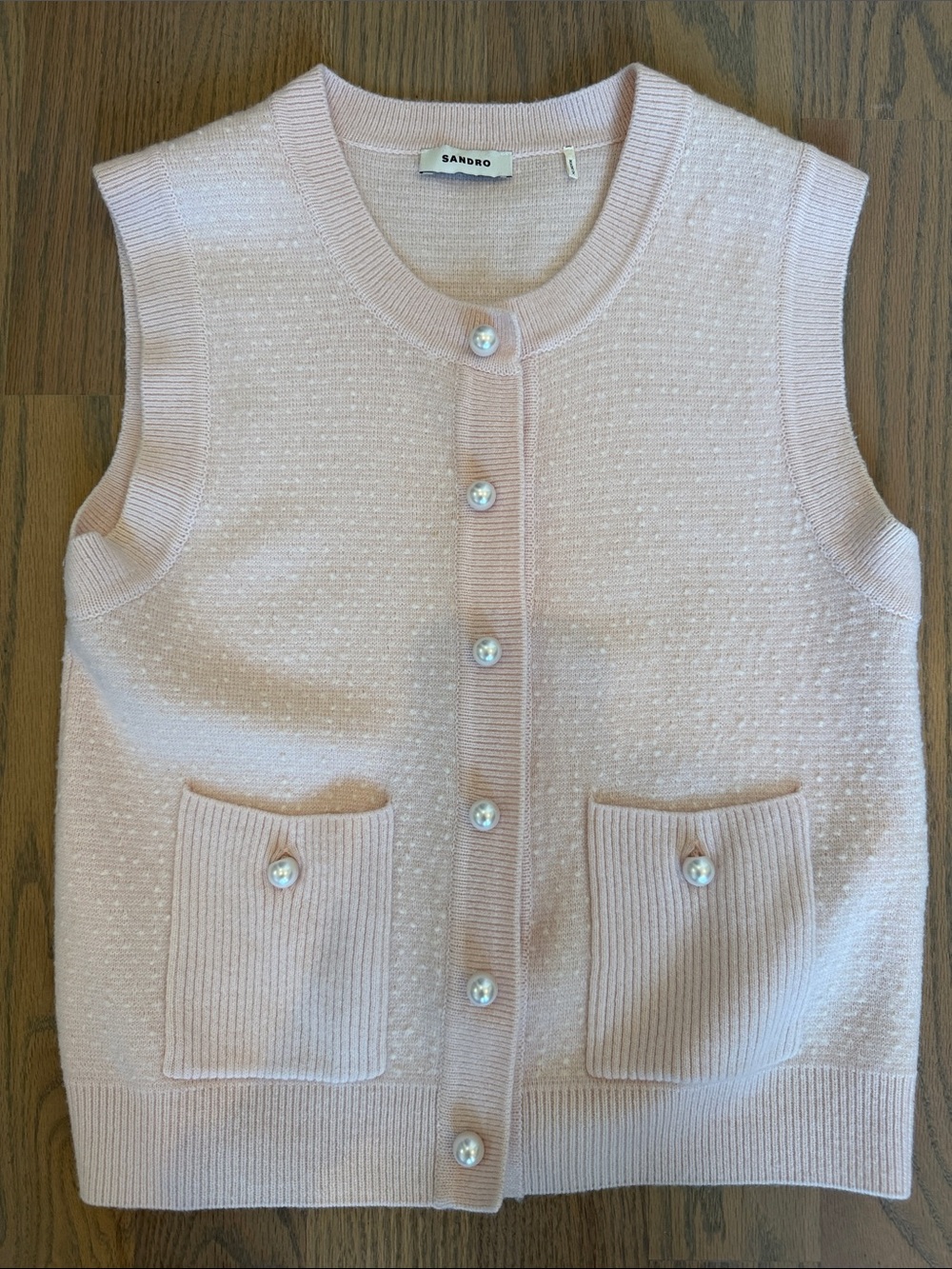 Sandro Blush Pearl-Button Sleeveless Knit Vest